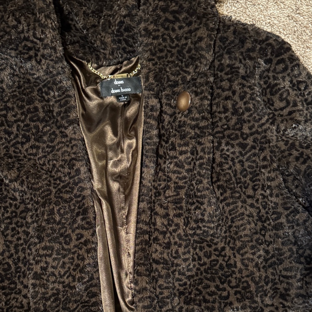 Dennis Basso Cheetah Faux Fur Hooded Cape Coat - Large